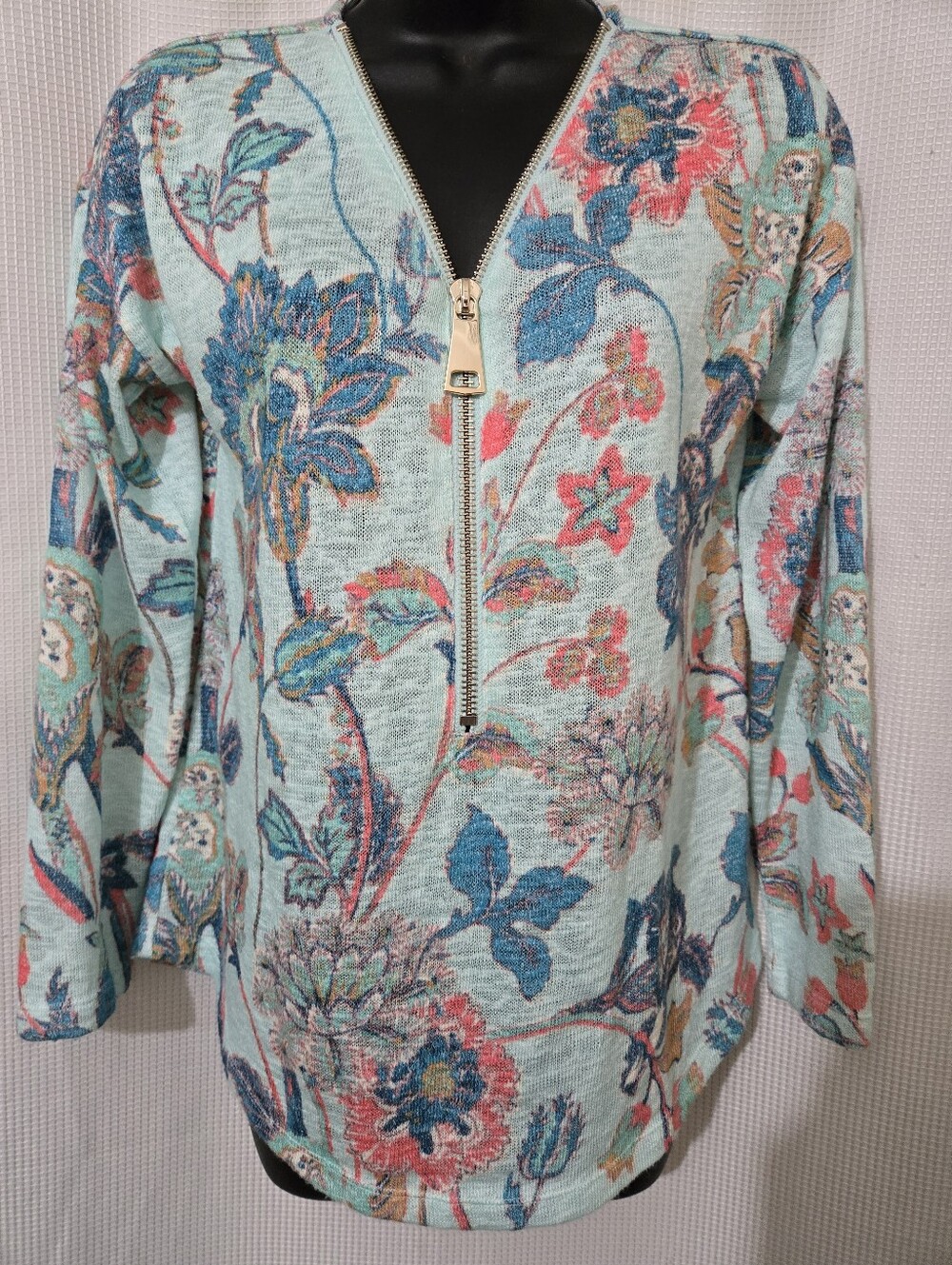 Soft Surroundings Mint Floral Zip Sweater